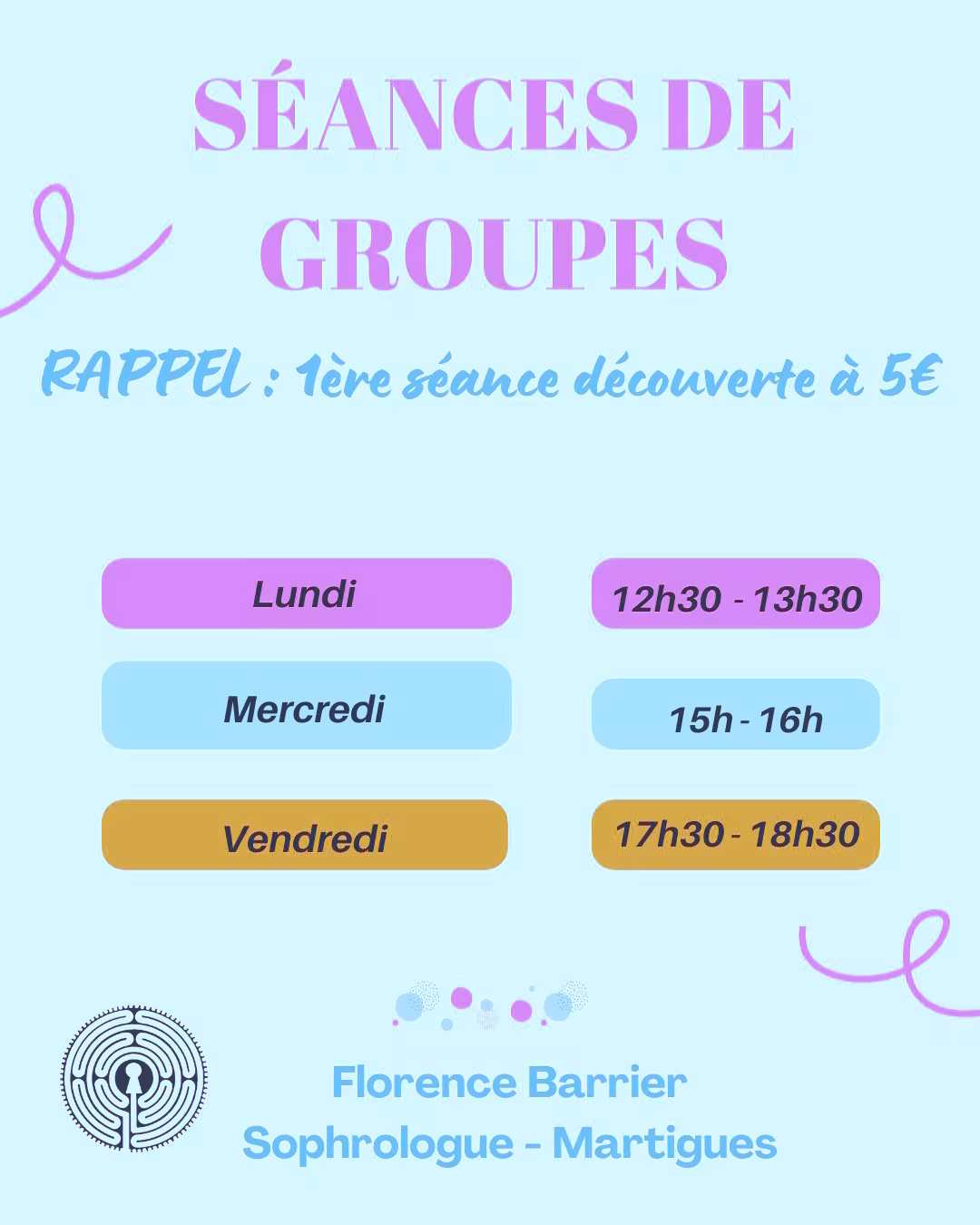 horaires séances de groupe décembre