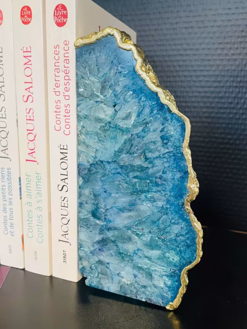 Presse-livre agate bleue et or droit